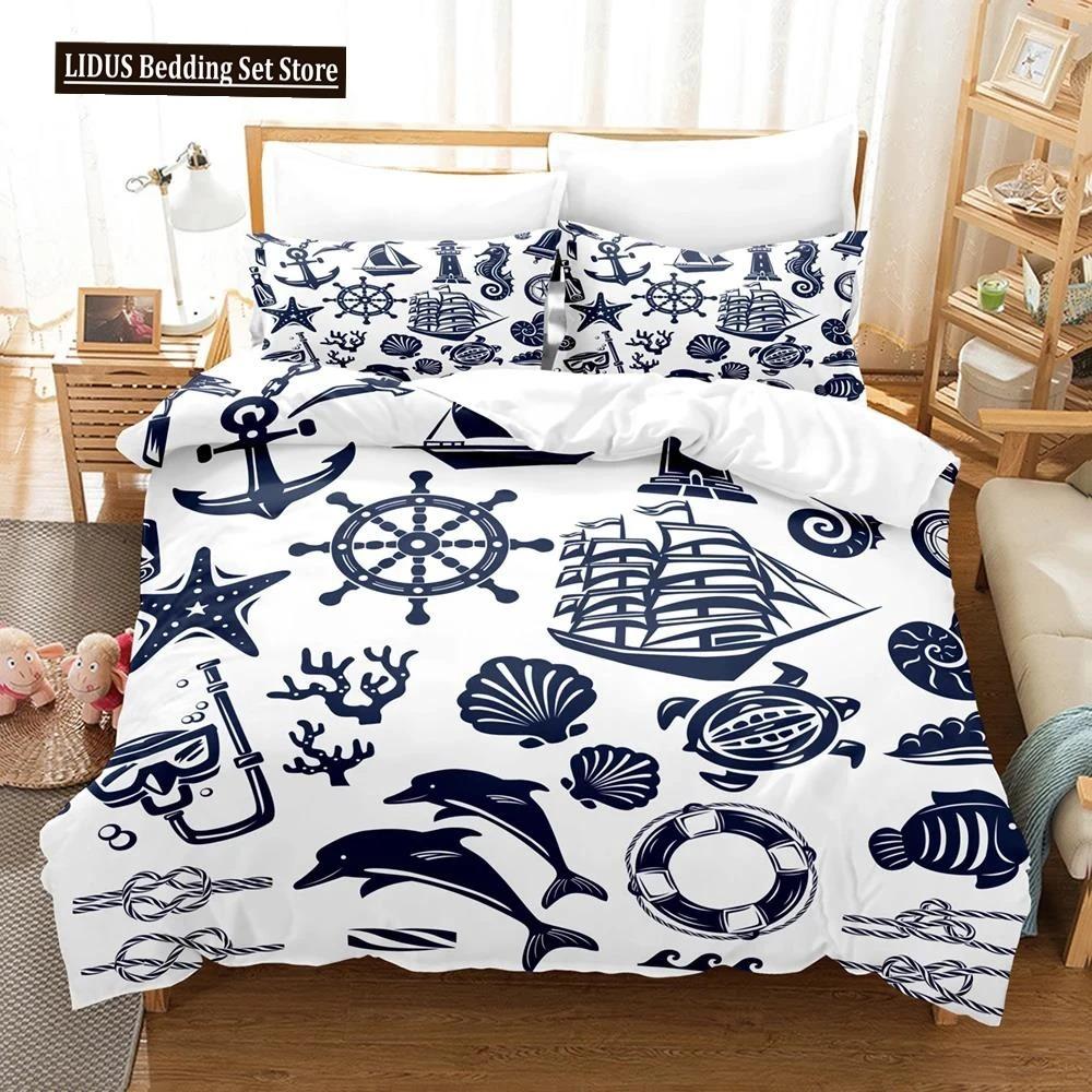 Nautical Bedding Set Ocean Anchor Duvet Cover Sailor Pirate Sea Adventure Bedspread For Kids Boys Navy Blue