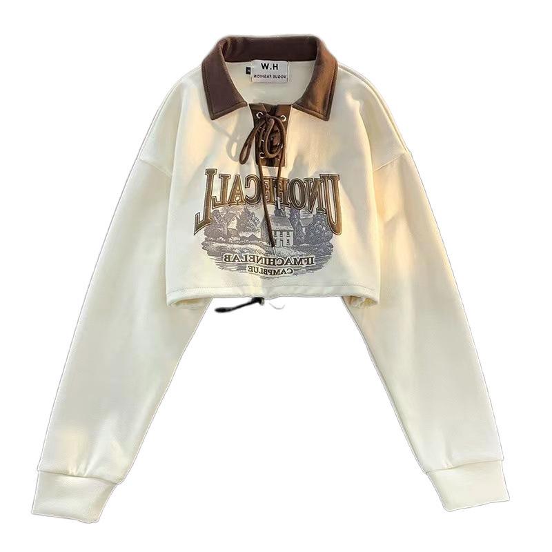 Dámská mikina slim-fit s retro barevným blokováním na šněrování s polokošilí, dlouhý rukáv, korejský styl na jaro/podzim