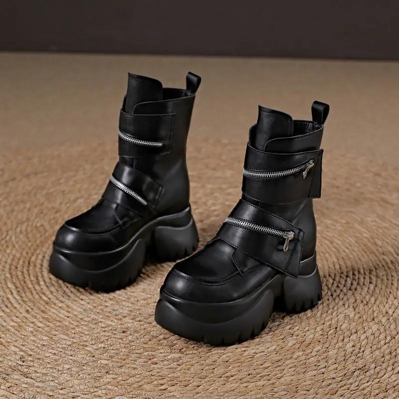 Fashion 10cm New Microfiber Genuine Leather Platform Motorcycle Ankle Knee High Booties Shoes Sneakers Chunky Platform Women Women
