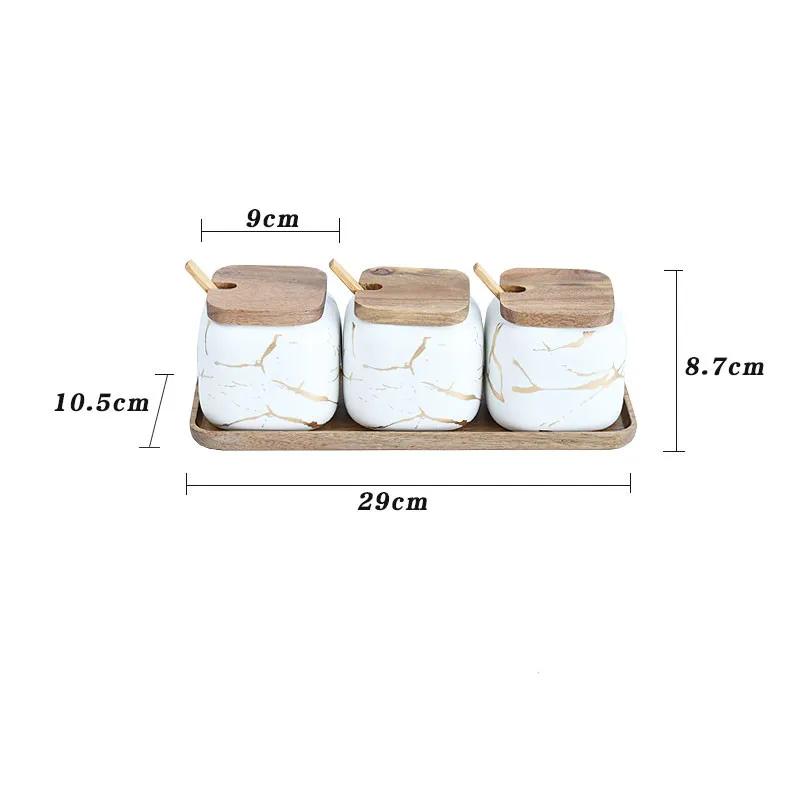 Matte Marble Pattern Ceramic Kitchen Spice Jar Oiler Set Wooden Cover Salt Shaker Spice Jar Kitchen Condiment Storage Rack Set