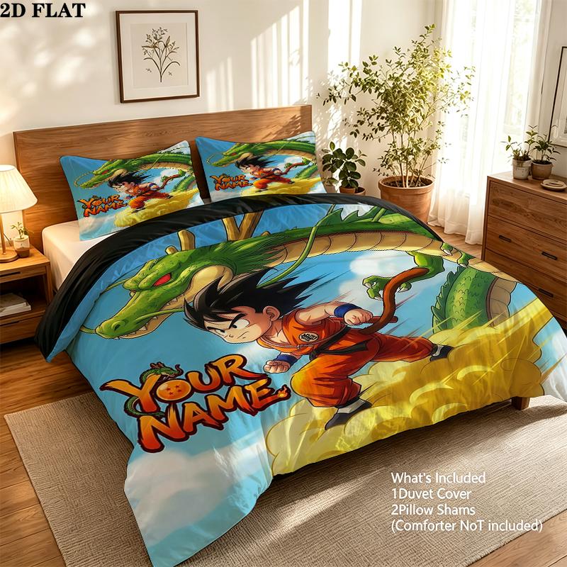 Custom Name,Cute Goku Pattern Bedding Home Decoration Birthday Gift ( 1 Duvet Cover + 2 Pillowcase, Without Core),fan Merchandise.