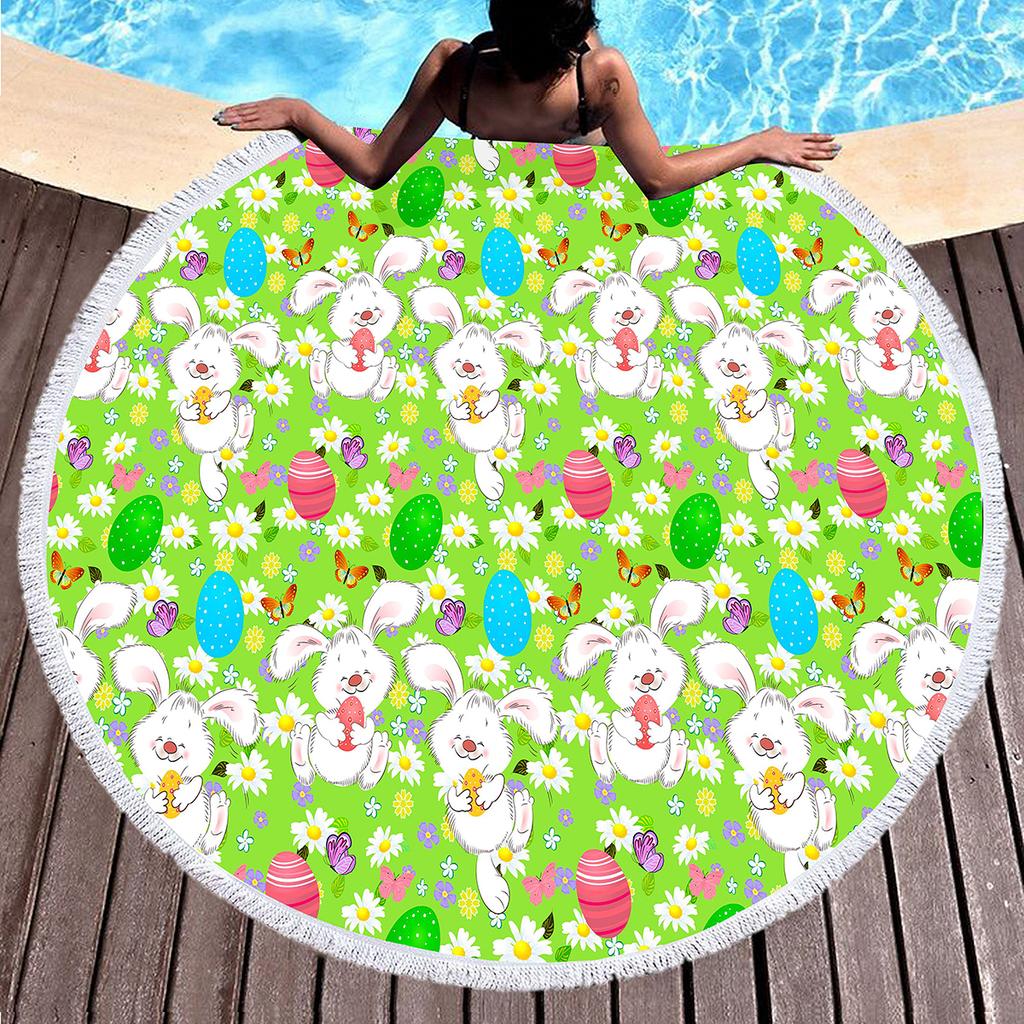 Easter Eggs Round Beach Towel with Tassels For Boys Girl Easter Gifts Microfiber Soft Sand Proof Absorbent Circle Swim Towel