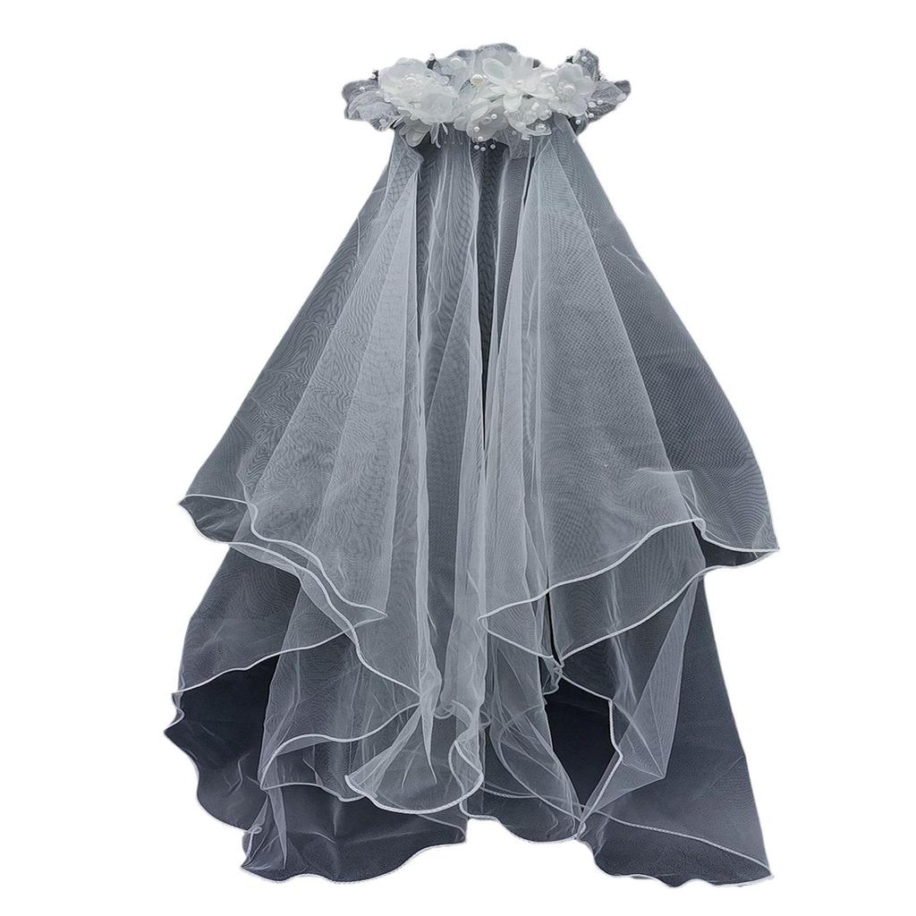 White Pearl Double Layer Veil Hair Comb - Bridal Party Flower Headdress