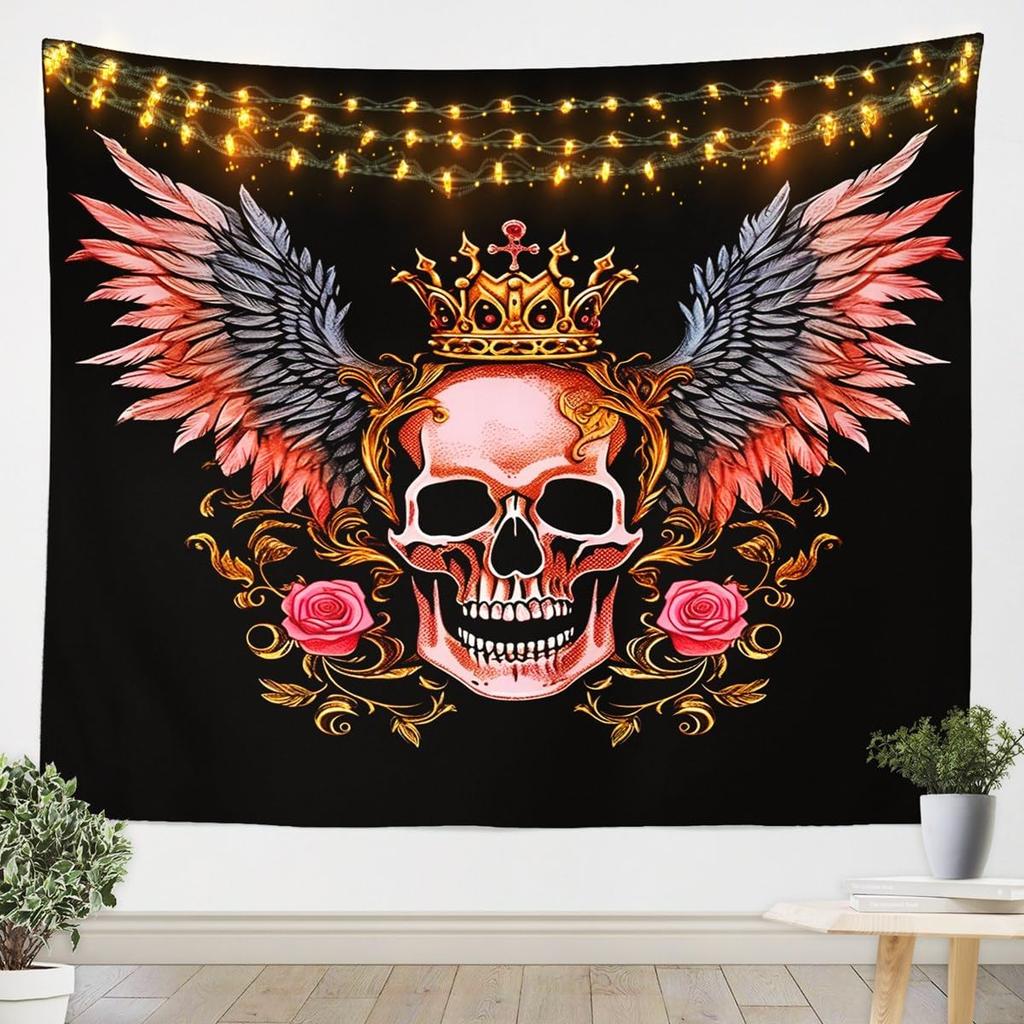 3D Skull Floral Wall Tapestry Rose Death Skull Tapestry, 3D Romantic Skeleton Tapestry For Bedroom Boho Gothic Hanging Wall Art