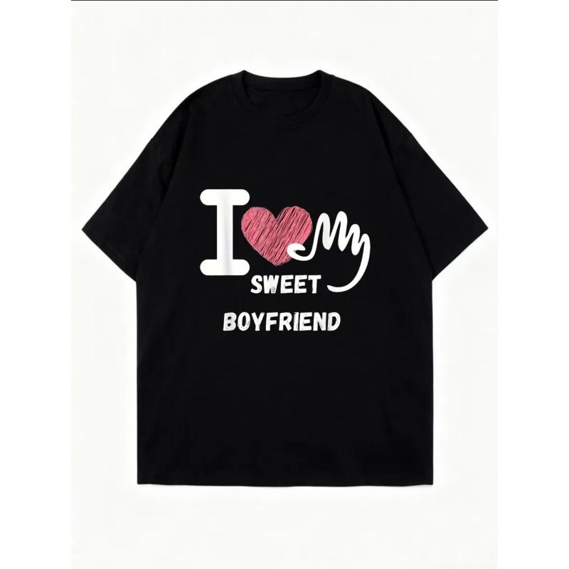 Oversize Women's Short-Sleeve T-Shirt with Pink Heart "I Love My Sweet Boyfriend" Text Print