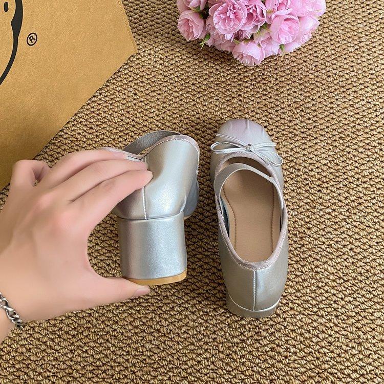 French Ballet Single Shoes Women's Sweet Bow Red Silk Small Leather Shoes Round Head High Heel Mary Jane Single Shoes Women