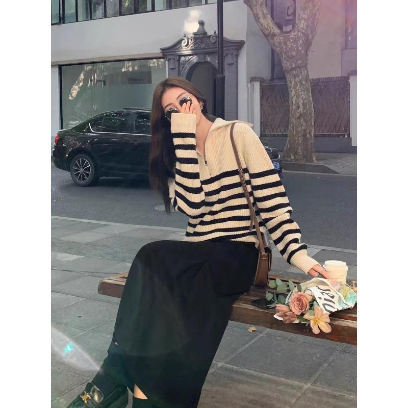 

Осень и зима новый свитер с лацканами женский свободный ленивый стиль повседневный полосатый пуловер на молнии вязаный свитер one size fits all белый