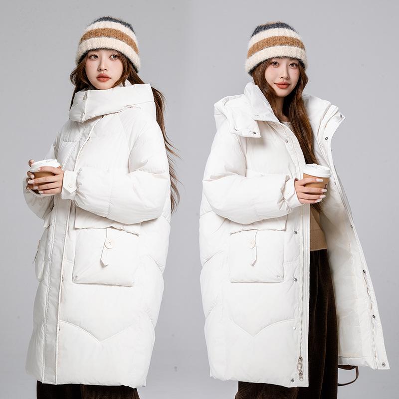 2025 winter new mid-length down padded jacket large size loose Korean over-the-knee padded jacket women's detachable hat
