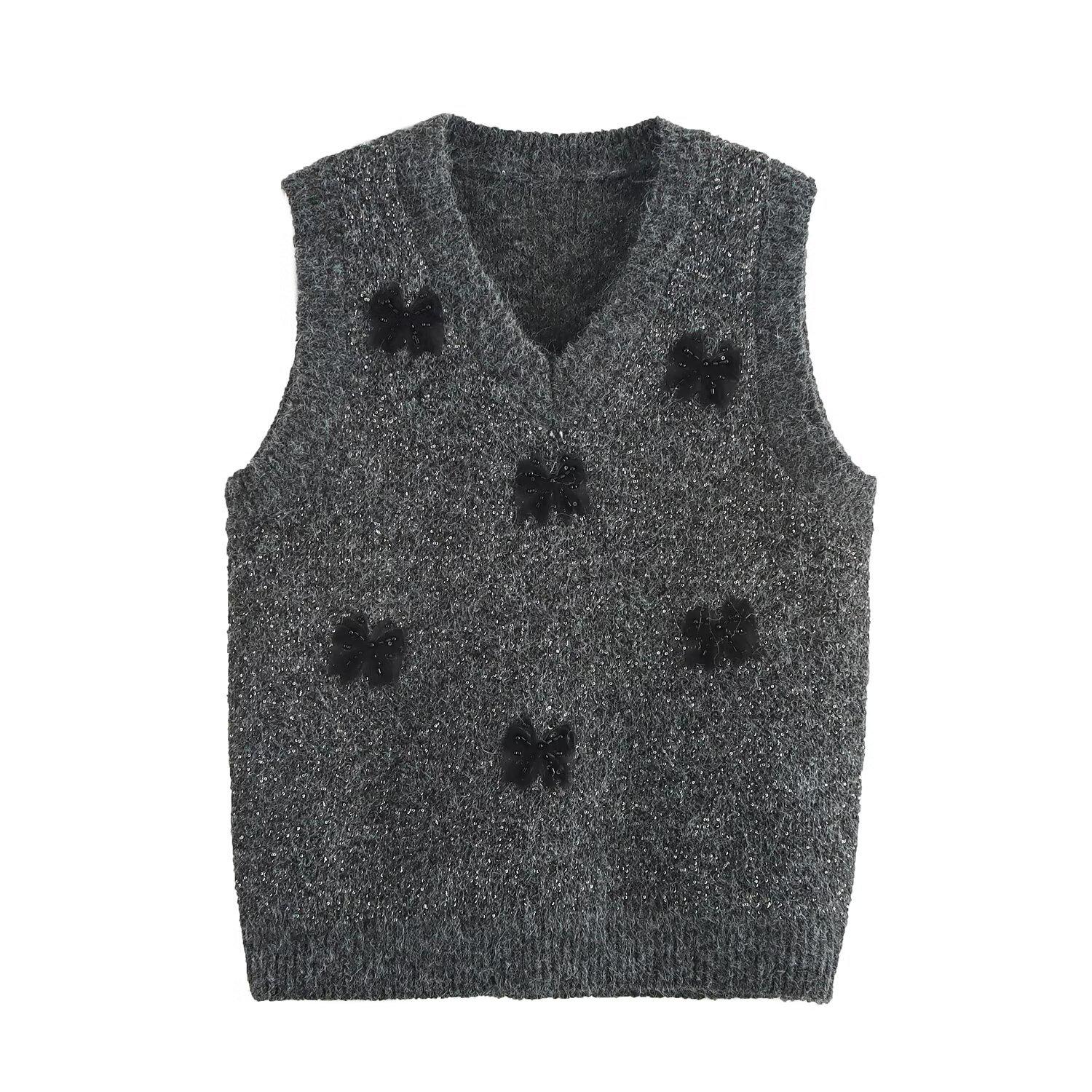 

2025 Весна Женский Модный Вязаный Жилет с V-образным вырезом и пайетками One Size серый