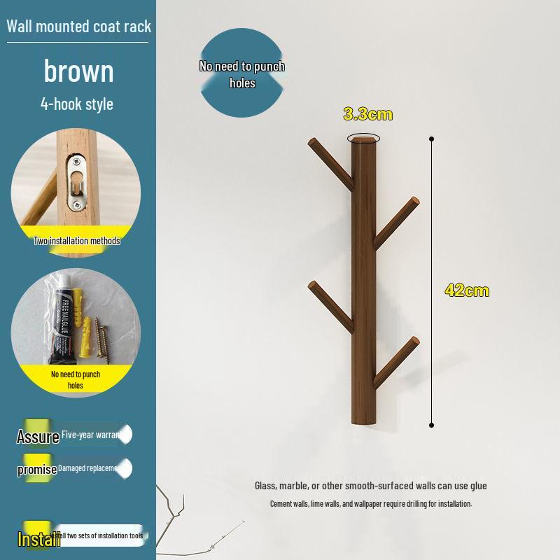 New Solid Wood Punch-Free Wall-Mounted Coat Rack & Clothes Hanger with Creative Behind-the-Door Hooks for Bedroom & Living Room