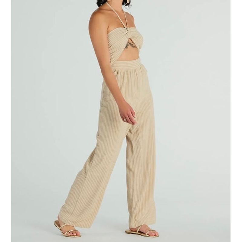 

Экспорт Одинокое Сердце Дом Осень 2025 Новое Поступление Льняная Ткань Полоска Ретро Комбинезон Широкие Штанины Укороченный Топ Брюки Light Beige XS