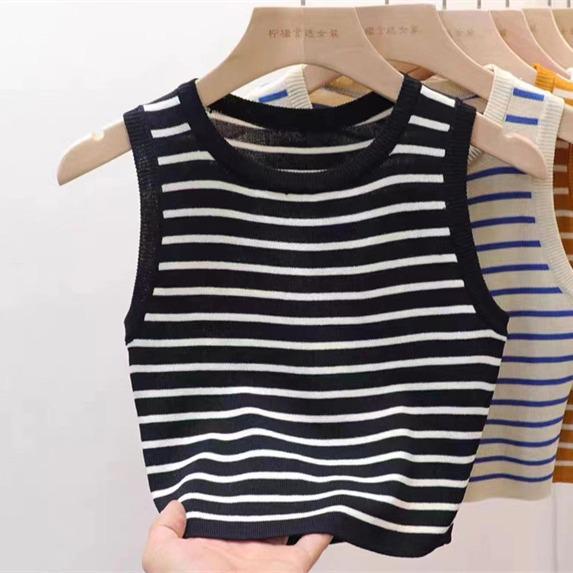 Women's Striped Sleeveless Camisole - Summer Knit Ice Silk Top