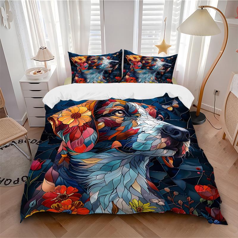 3pcs Stained Glass Dog Duvet Cover Set, 1 Duvet Cover + 2 Pillowcases (No Insert), High-Definition Print, Home & Dorm yy251123041