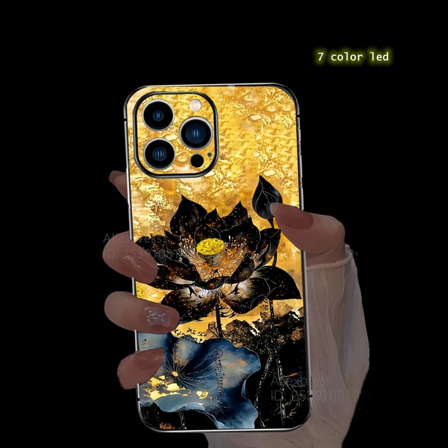 Colorful Lucky Lotus Flash Flower Phone Case For iPhone 13 Case 16 Pro Max 16e 15 11 14 13 12 XR LED Shine Carcasa Glass Cover