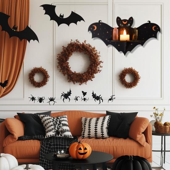 Halloween Bat Wall Floating Shelf Faux Crystal Display Shelf Wooden Candle Holder Wall Shelf Decoration Living Room Bedroom Bathroom Storage Rack