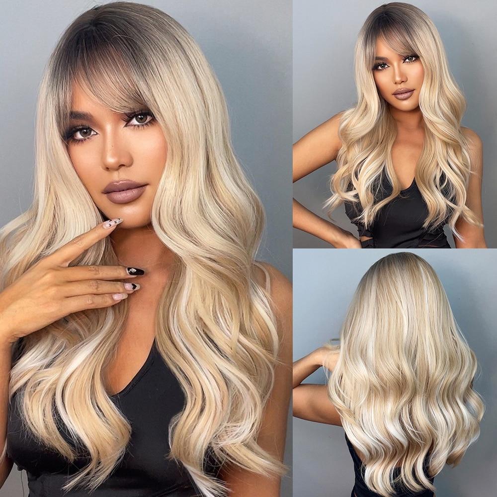 Long Natural Wavy Platinum Blonde Wigs with Bangs Cosplay Party Lolita Synthetic Wigs for Women Heat Resistant Fiber