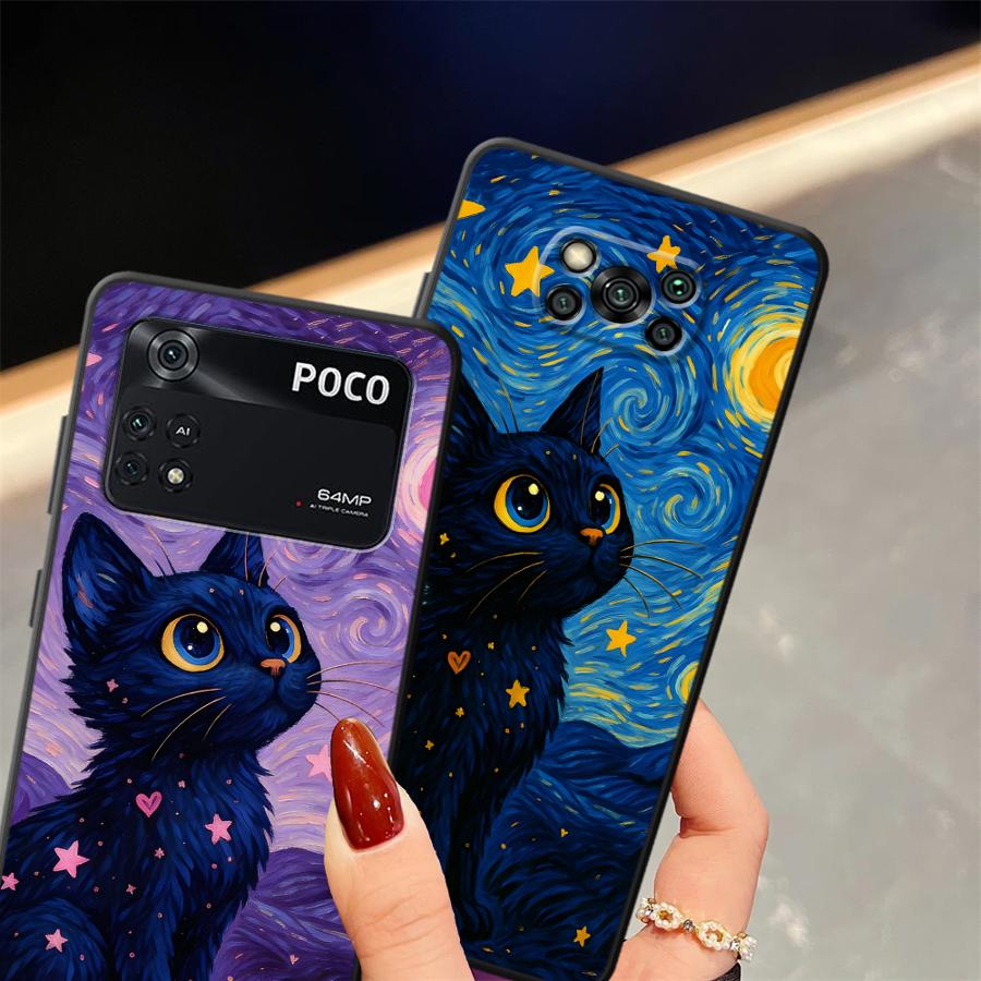 Drehende Sternenhimmel Katze Funda Handyhülle für Xiaomi Poco F8 C75 F1 C71 C50 M5 C61 X3 X4 X5 X7 Pro M3 M4 M7 F3