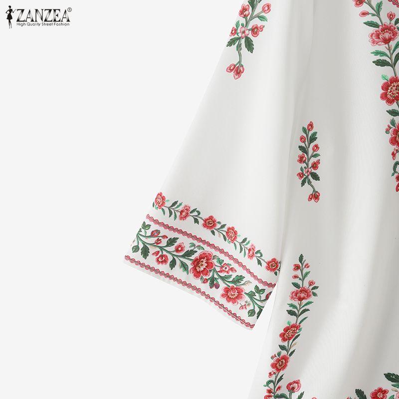 ZANZEA Women Casual Round Neck Ethnic Print Loose Half Sleeve Blouse