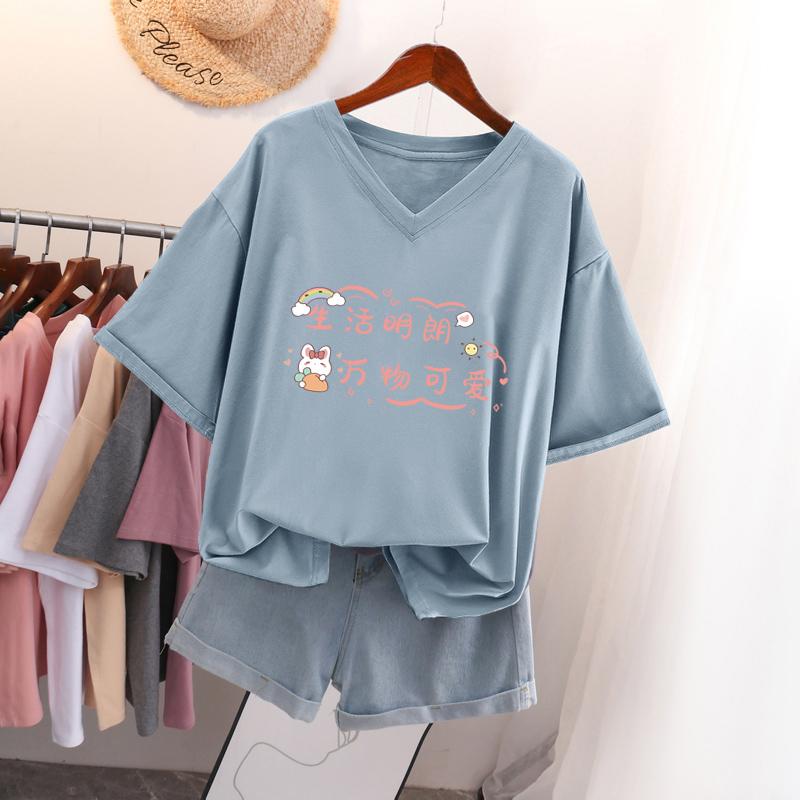 

Женская футболка с коротким рукавом, большого размера, свободная и стройнящая, топ с V-образным вырезом с принтом 2XL синий