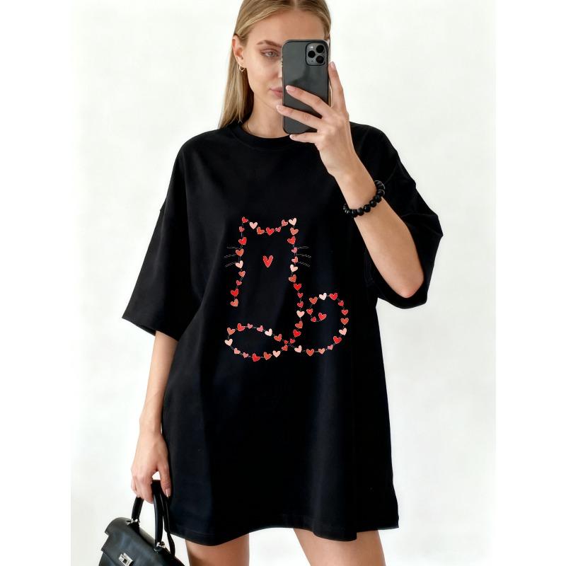 Oversized T Shirt Dress Black Cat Heart Pattern Casual Wear For Women