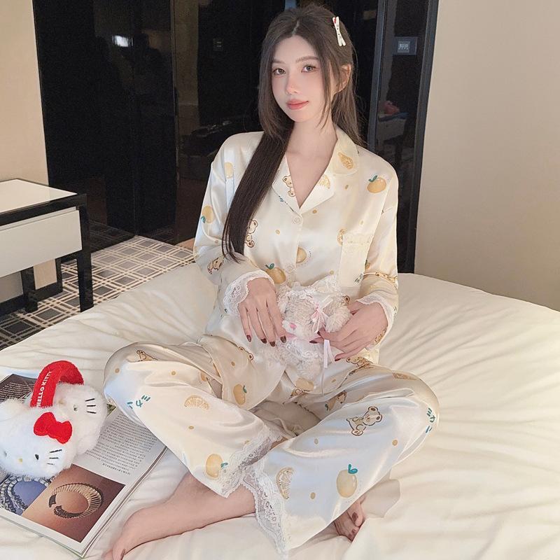 French Cute Cat Ice Silk Pajamas Women'S Spring And Autumn Sweet Wind Cool Long-Sleeved Loungewear Suit Can Be Worn Outside