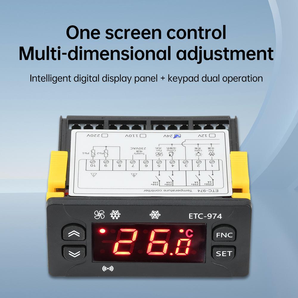 ETC-974 Intelligent Digital Display Temperature Controller DC12V/24V AC110V/220V Precise Adjustment Compressor/Frost/Fan