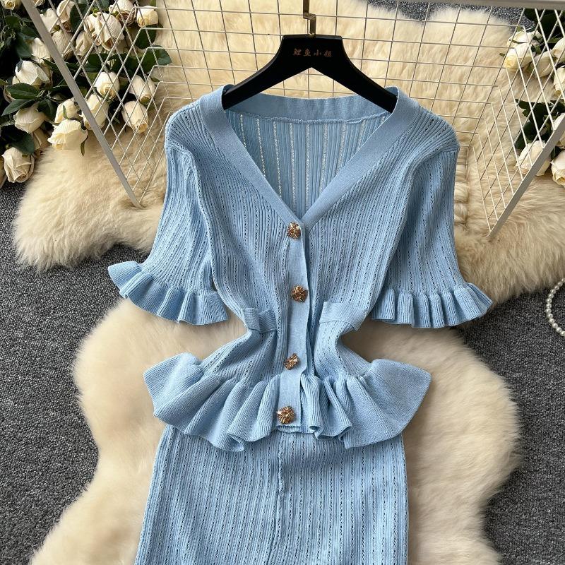 Retro Strickpullover Rüschen Sexy Einreihig Elegant A-Linie Langes Maxi Abend Party Kleid Damenmode Sommerkleidung