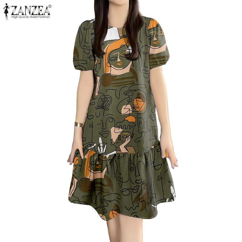 ZANZEA Women Casual O-neck Summer Loose Short Sleeve Print Dress