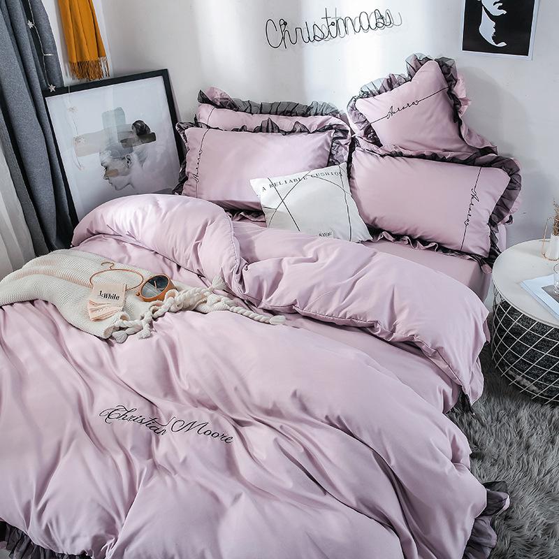 4 PCS Elegant Lace Cotton Bedding Set Bed Sheet Bed Cover Queen/king Size Solid Color Quilt Cover