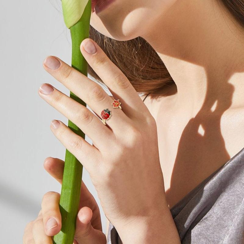 Marienkäfer Ring zum Öffnen Buntes Drip-Glasur Kunstwerk auf Kupfer Leichter Schmuck für Damen Modeaccessoires