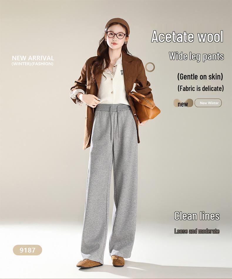 Women's Light Grey High-Waist Wide Leg Wool Pants - Casual Autumn Floor-Length Straight Sport Trousers