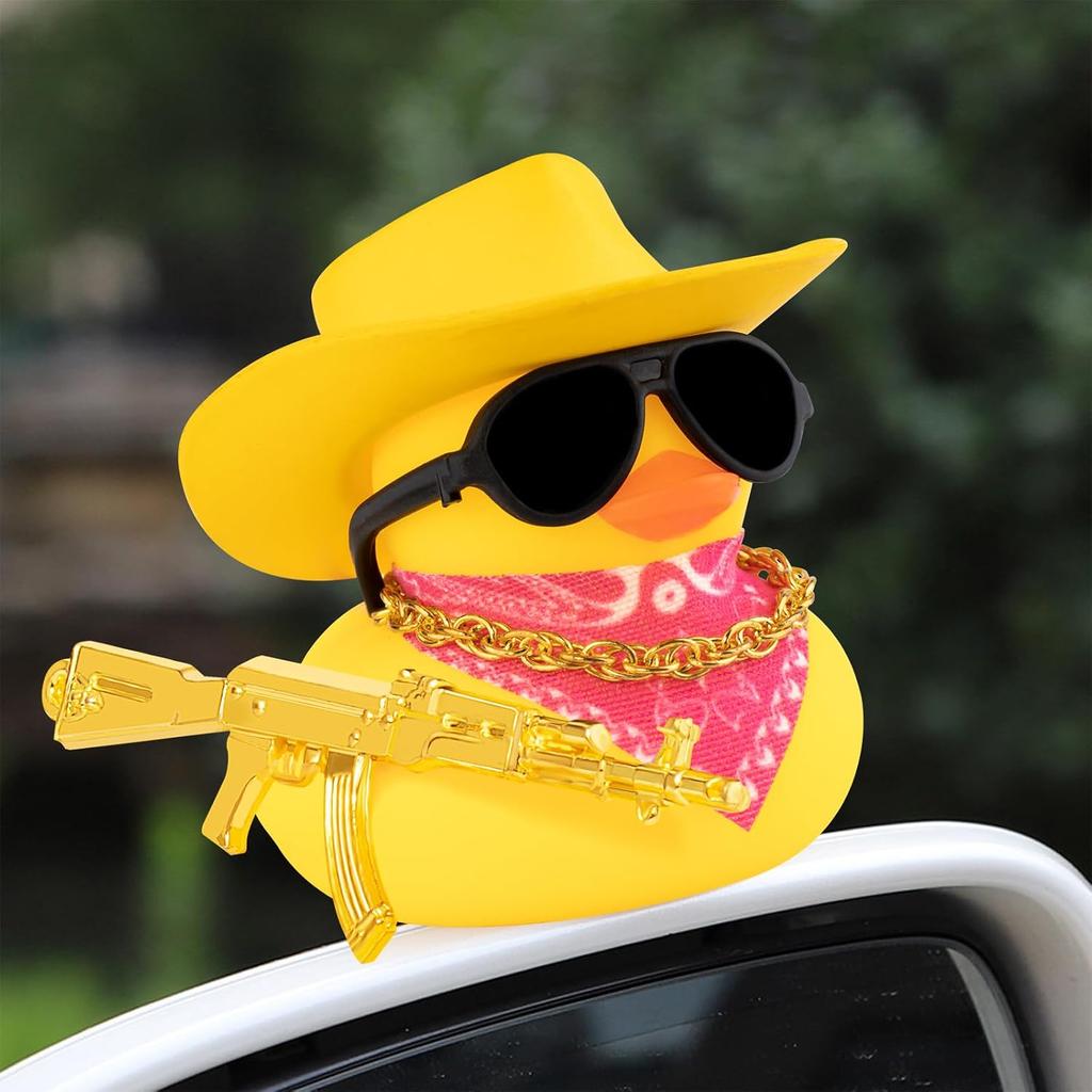 Wonuu Rubber Duck Car Ornaments Duck Car Dashboard Decorations for Cute Car Accessories with Cowboy Hat Necklace and Sunglasses, Shiny Yellow
