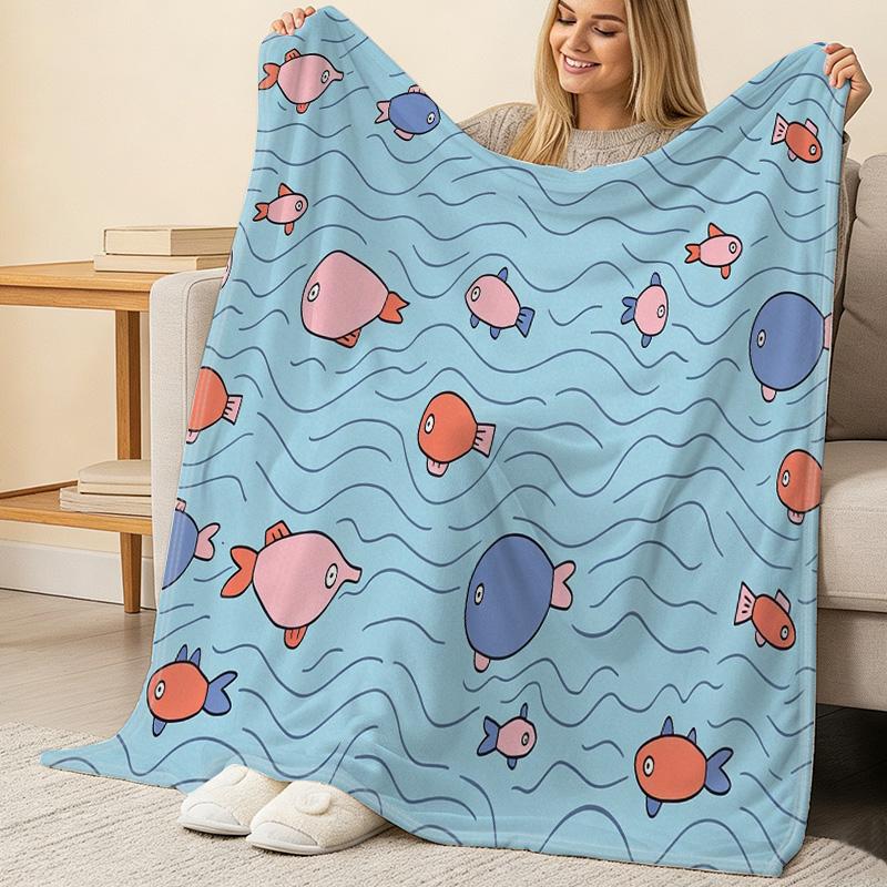 Thick Warm Cartoon Fish Flannel Blanket - Soft Plush Single for Home, Sofa Naps, Guest Room, Halloween & Christmas