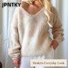 JPNTKY Γυναικεία Μόδα Casual Μονόχρωμο Πουλόβερ Φθινόπωρο Χειμώνας Μακρυμάνικο Λαιμόκοψη Ο Χαλαρό
