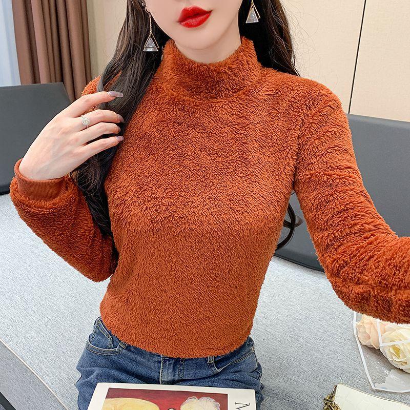

Women s Double-Sided Coral Fleece Base Shirt Winter Warm Plush Pullover Half Turtleneck Loose Plush Long-Sleeve T-Shirt S