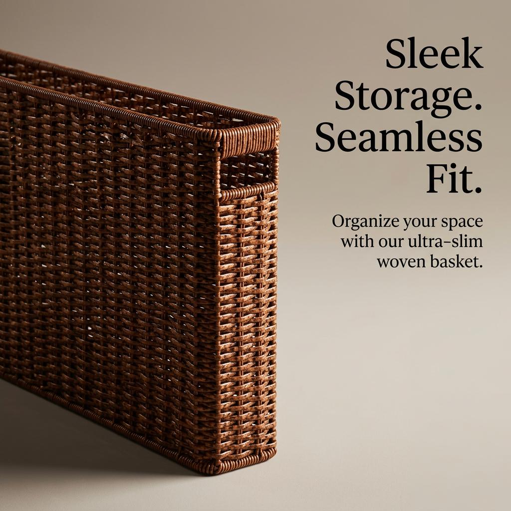 Narrow Wicker Basket Home Office Organizer, HandWoven PE Rattan Beside Sofa Storage, Apartment