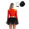 Womens Circus Ringmaster Costume Set Mock Neck Patchwork Bodysuit Complete Hat Bow Collar Gloves