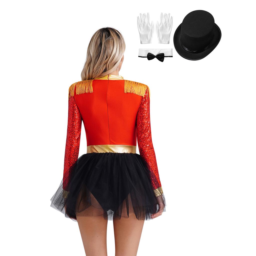 Womens Circus Ringmaster Costume Set Mock Neck Patchwork Bodysuit Complete Hat Bow Collar Gloves
