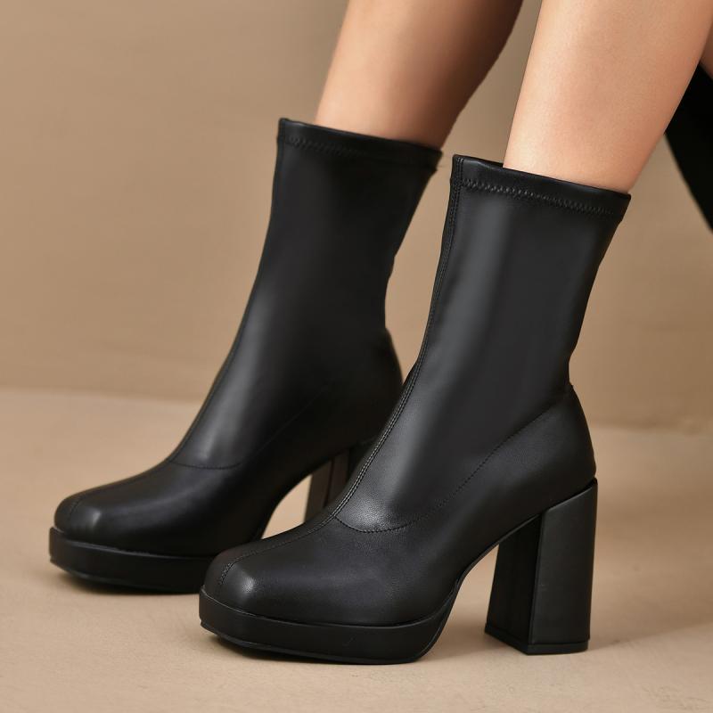 Fashion Fashion Pu Solid Black Mid Calf Boots Women 2025 Sexy Square Toe Super High Heel Chelsea Boots Warm Winter Shoes Plus Size