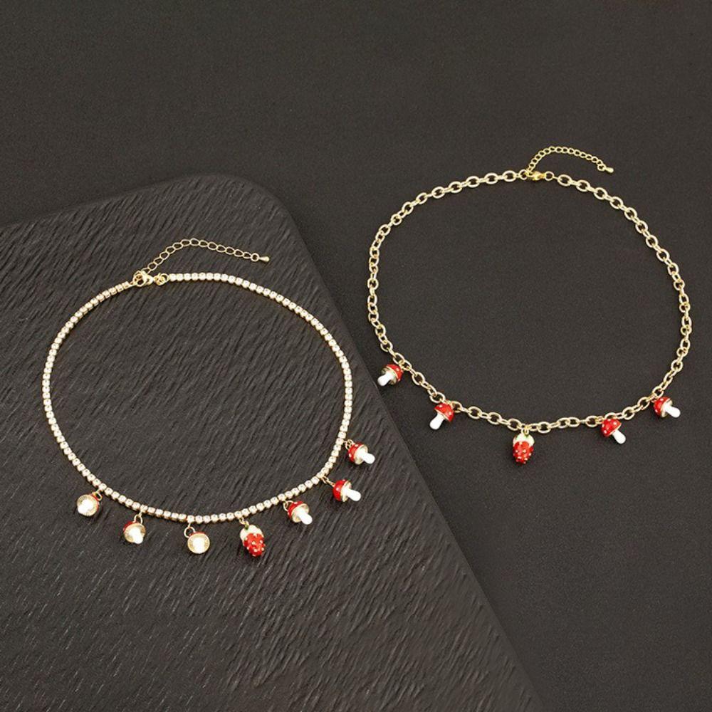 Mushroom Shape Strawberry Necklace Copper Zircon Sweet Necklace Simple Necklace  For Girl