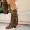 Fashion Women Western Cowboy Leopard Knee High Boots Pointed Toe Chunky High Heels Tassel Long Boots Woman Autumn Fringed Botas Shoes