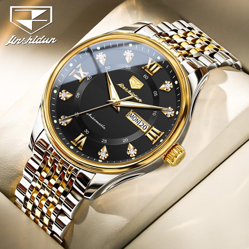JINSHIDUN Nové pánské hodinky pro podnikání a volný čas Dual Calendar Plně automatické mechanické hodinky Intarzované pánské hodinky nejvyšší třídy
