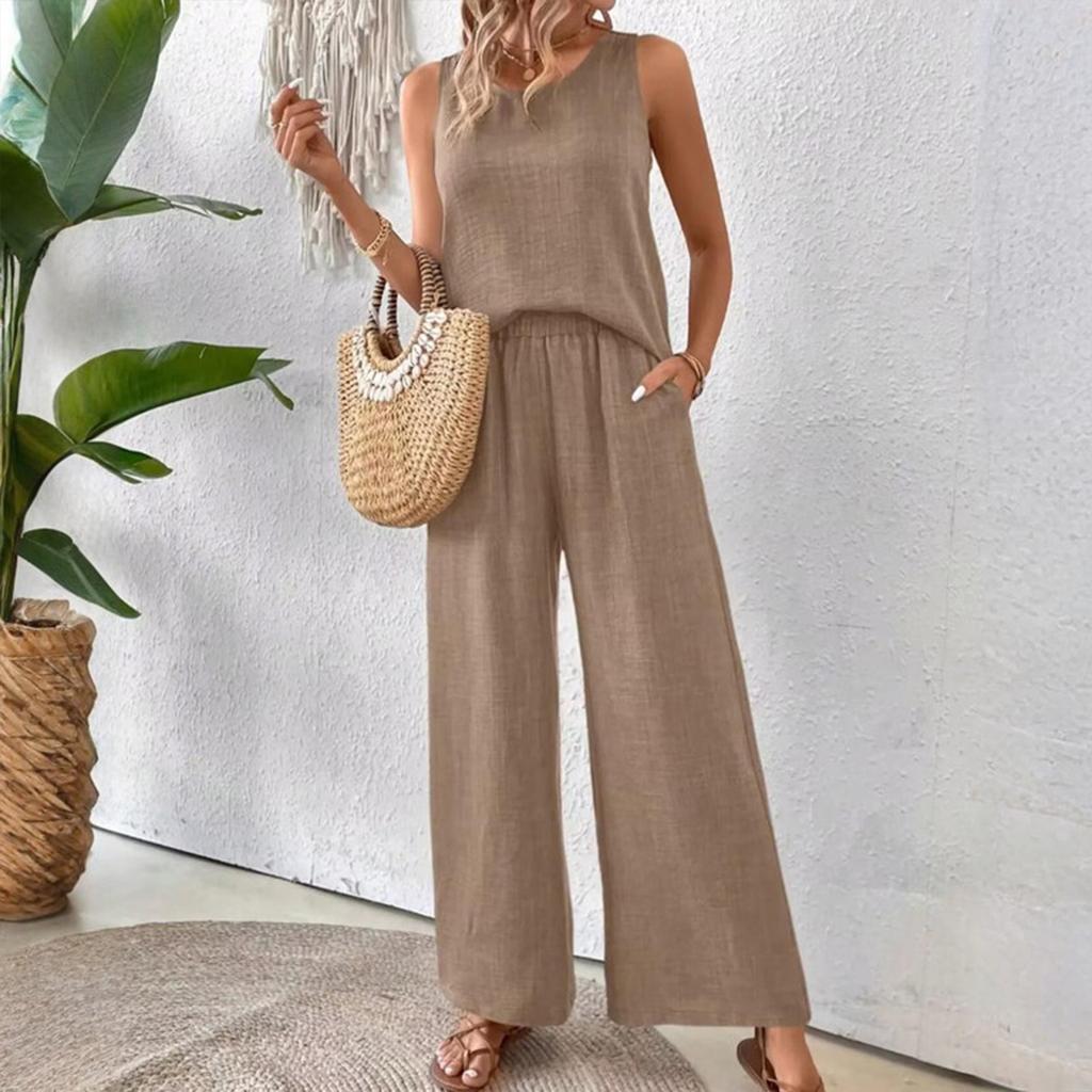 Ensemble d'été décontracté ample pour femme sans manches couleur unie dos creux dentelle