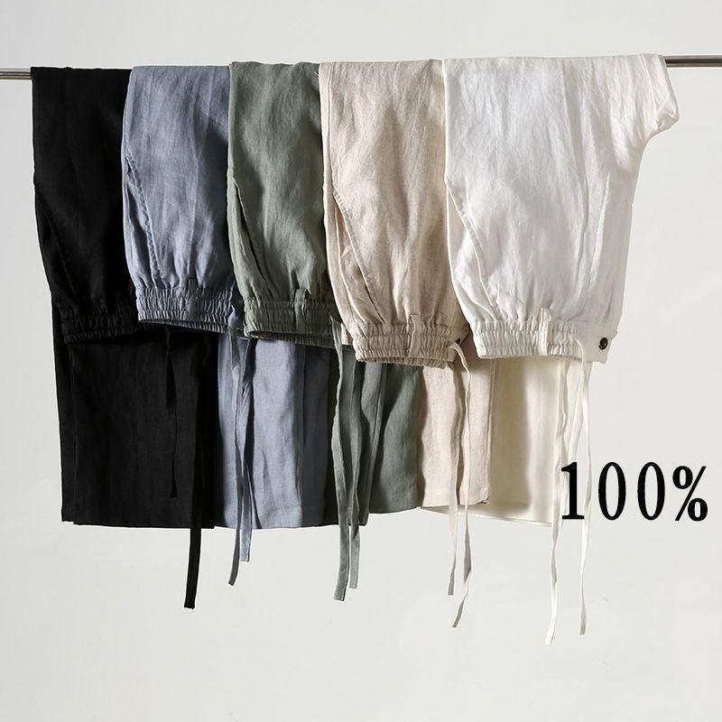 Solid Color Linen Pants Men's Loose Linen Casual 9 Points Pants Spring Summer Home Straight Soft Comfortable Trousers