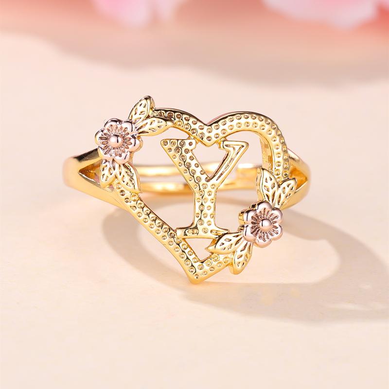 

Кольца с инициалами и цветком в форме сердца, регулируемые нежные кольца с буквами и листьями золотого цвета для женщин и девочек, ювелирные изделия с алфавитом Y золотой