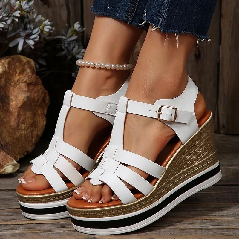 Fashion White Braided Wedge Heeled Sandals Women Summer Buckle Strap Chunky Platform Sandlas Woman Fashion Thick Bottom Roman Sandalias