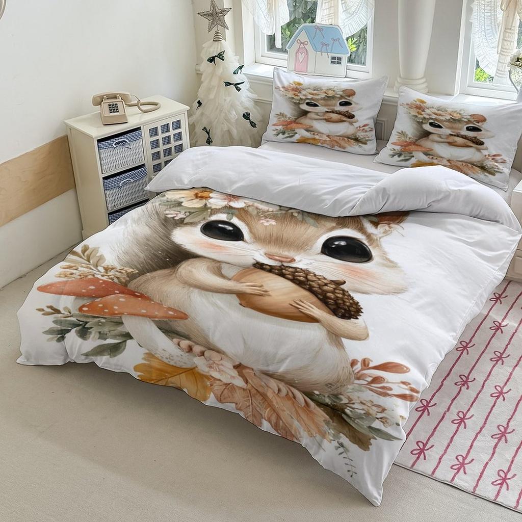 Cute Squirrel Bedding Set Soft Polyester Duvet Cover Set Quilt Cover With Pillowcase For Bedroom Decor Birthday Gift For Girls