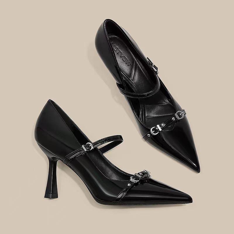 2025 Black Temperament One-word with Stiletto High Heels Women's Niche Design Metal Buckle Pointed Head Shallow Mouth Single Shoes Women
