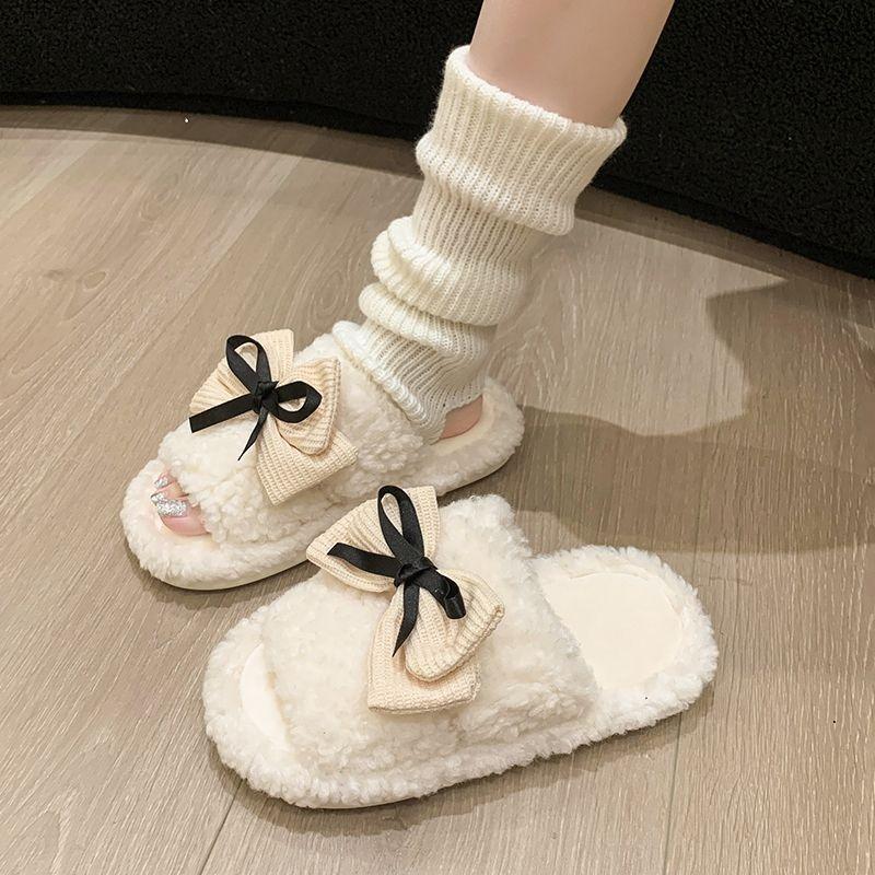 Enhanced Cotton Drag High-end Sense High-value Fluffy Slippers Women Wear Autumn and Winter New Bow Thick Bottom