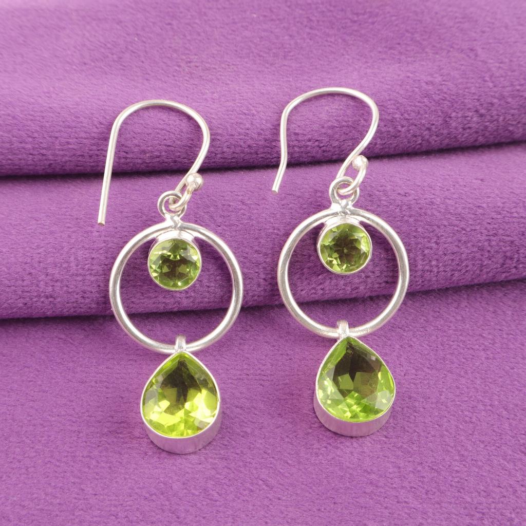August Peridot Gemstone 925 Sterling Silver Sisters Day Dangling Hook Earrings EE-140-17